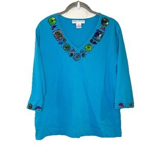 VTG Casey Coleman Embroidered Beaded V-Neck Teal Blue T-Shirt Funky Art Teacher